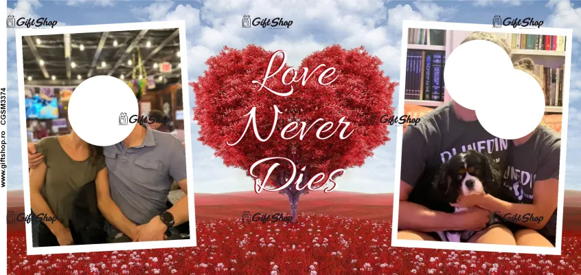 Love never dies, cana din ceramica, 330ml, personalizata cu 2 poze si text model 3374